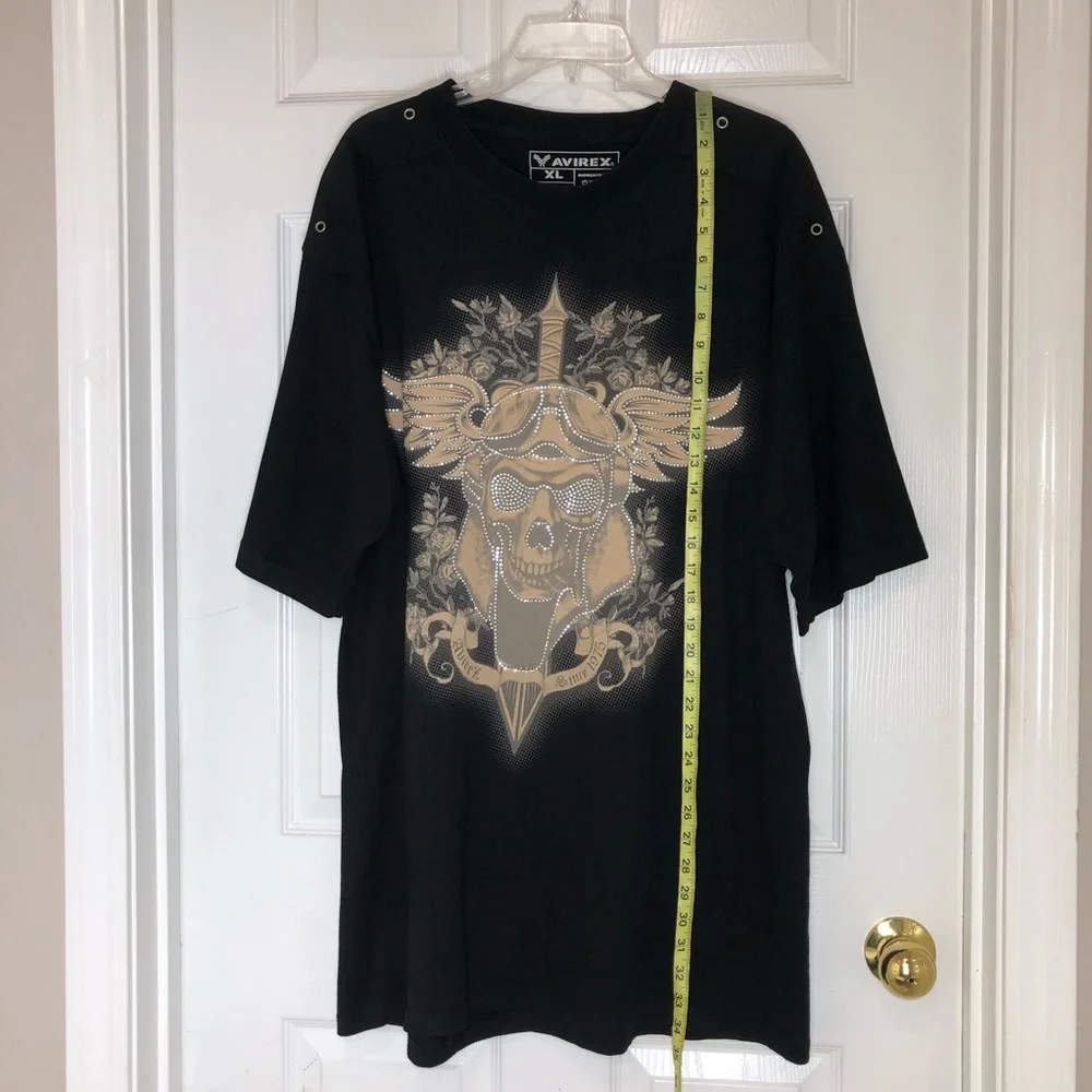 Avirex Cotton Black Tan Studded Skull Winged Shoulder Rivet Oversized T-shirt XL - Picture 10 of 10